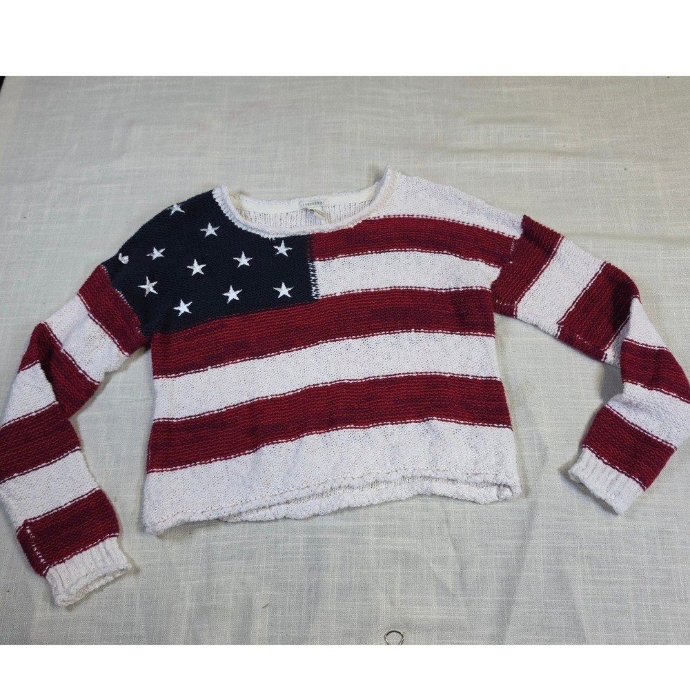 Forever 21 American Flag Sweater Red White Blue Stars Stripes Knit Crop Top L